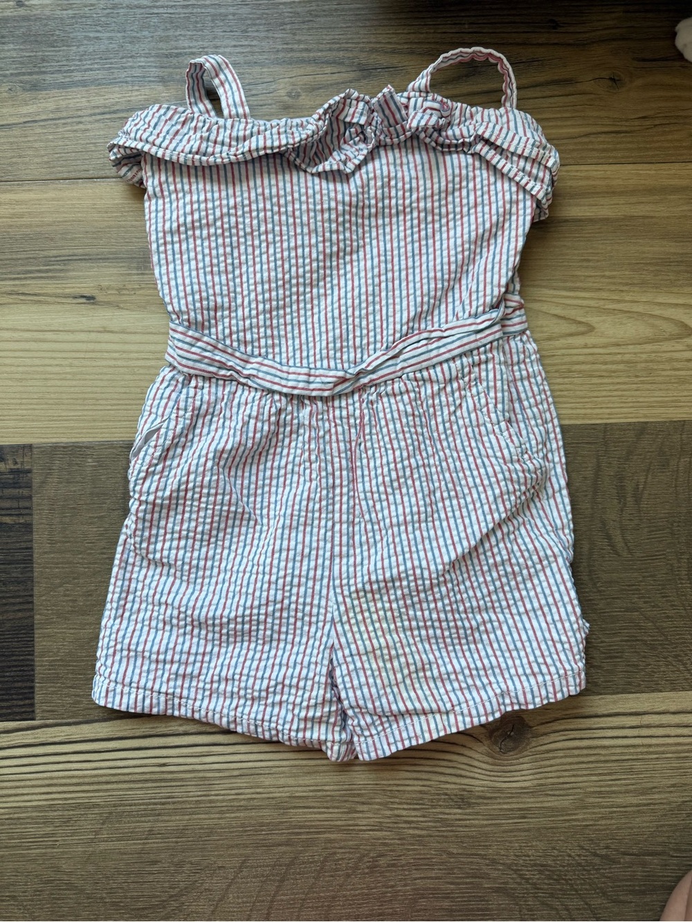 Girls Striped Seersucker Romper - White with Red and Blue Stripes